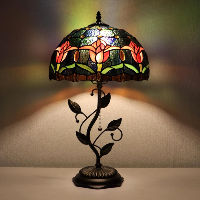 Tiffany Style Red Tulip Stained Glass Table Lamp 19 Inch