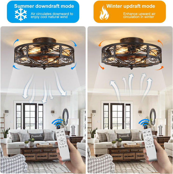 20" Caged Farmhouse Flush Mount Ceiling Fan with Light and Remote Control Bladeless Low Profile Ceiling Fans with Lights Enclosed Vintage Fan 6 Speed Reversible for Kitchen, Bedroom