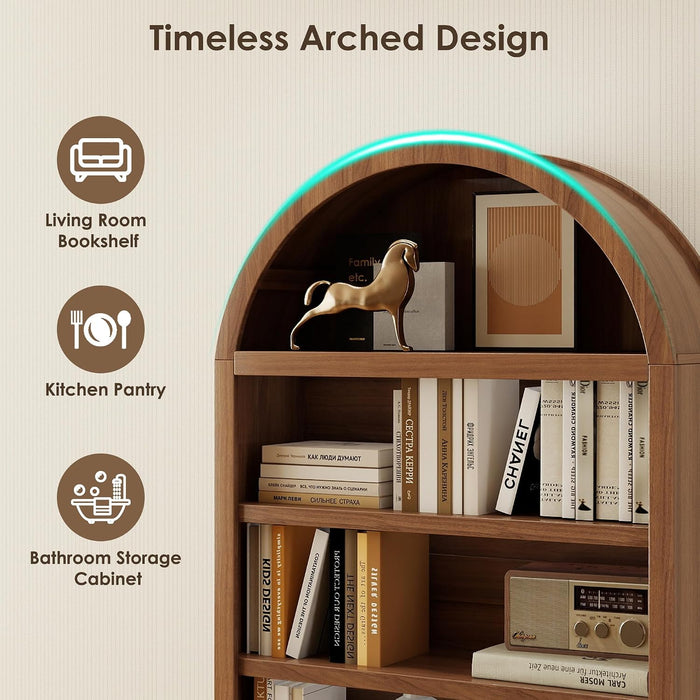 2 Pack 71" Tall Arched Bookshelf with Storage Cabinet, Modern Wood Display Bookcase with Arched Top, 3 Adjustable Open Shelves, 2 Doors Cabinet, for Living Room, Bedroom, Walnut