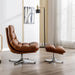 Swivel Accent Chair with Ottoman, Mid Century Modern Faux Leather Lounge Chair with Footrest, Comfy Oversized Armchair with 360 Degree Metal Base for Living Room/Bedroom, Brown