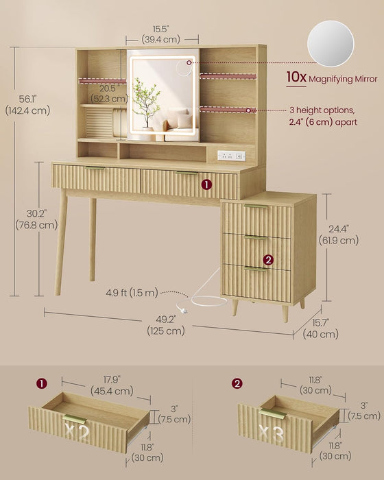 Oak Beigewash Vanity Desk Sliding Mirror Illumination