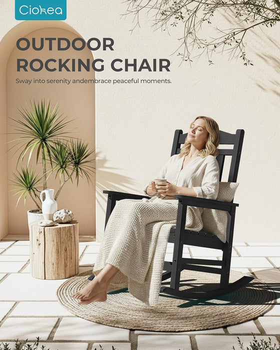 Oversized Outdoor Rocking Chair, 380Lbs Heavy-Duty Large Patio Rocker, Weather Resistant & Anti-Fade Porch Chair, High Back Cozy Rocking Chair for Outside, Fire Pit, Deck, Garden, Black