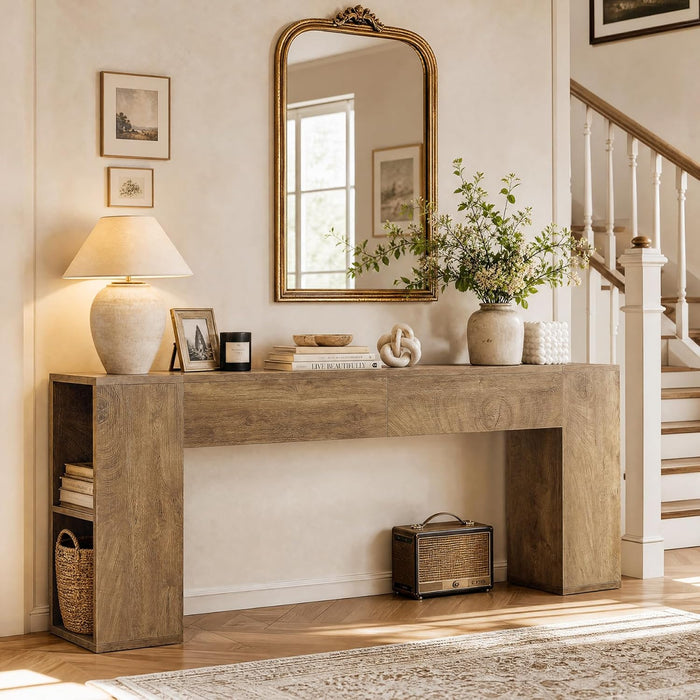 Extra Long Console Table, 79-Inch Entryway Table with 2 Drawers and Side Storage Shelves, Farmhouse behind Couch Table for Entrance, Hallway, Foyer, Living Room, Brown