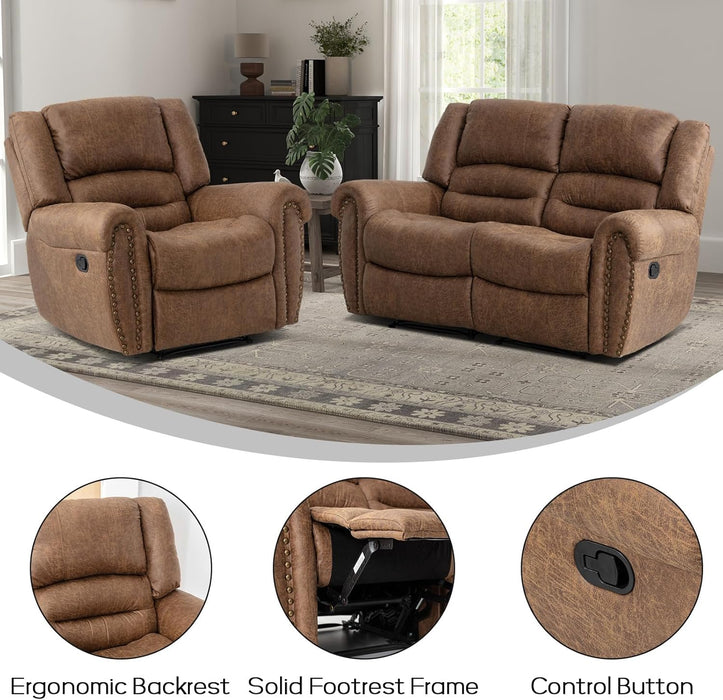 Manual Recliner Sofa Set, Faux Leather Reclining Living Room Set, Included Single Recliner Chair and Loveseat Manual Recliner Sofa, Brown(Recliner+ Loveseat)