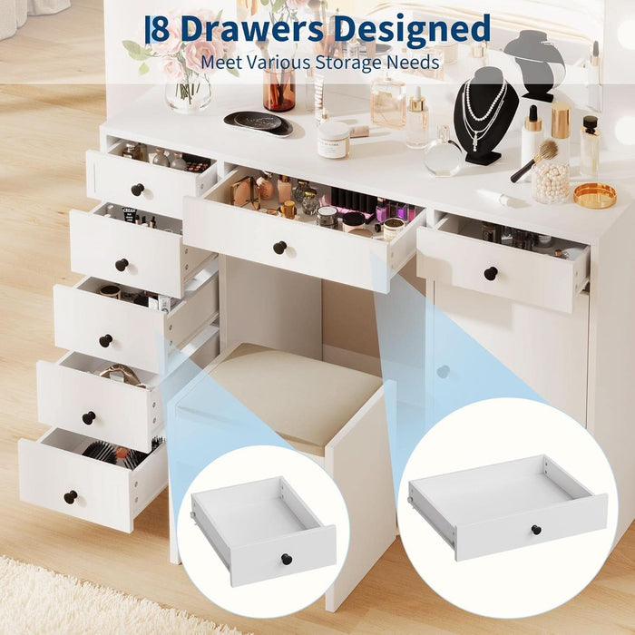 White Vanity Desk with Mirror and Light, Makeup Vanity Table with Charging Station, 7 Storage Drawers, 1 Cabinet, 3 Color Lighting Modes, Modern Wooden Dressing Table for Bedroom