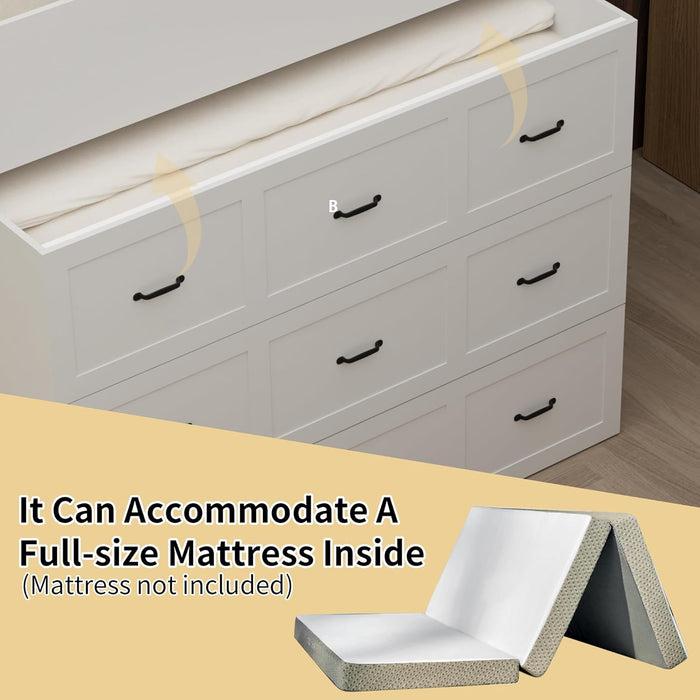 Full Size Murphy Bed with Charging Station and Drawer Farmhouse Cabinet Wood Space-Saving Hidden Folding Platform Bed Chest for Home Office Bedroom Guest Room Apartment,White