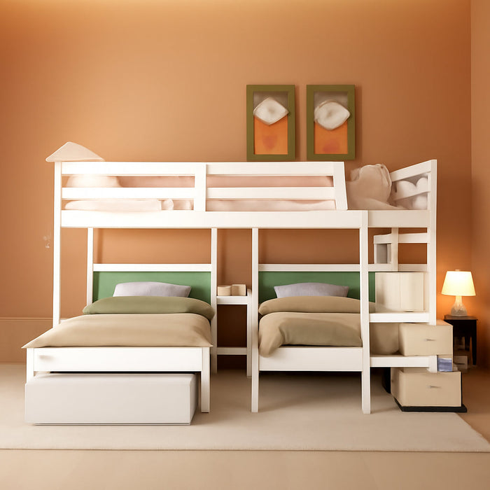 Triple Bunk Beds with Drawers, Wood Full over Twin & Twin Bunk Bed with Storage Staircase, Triple Bed for Kids,3 Bed Bunk Beds with Storage for Girls Boys,White