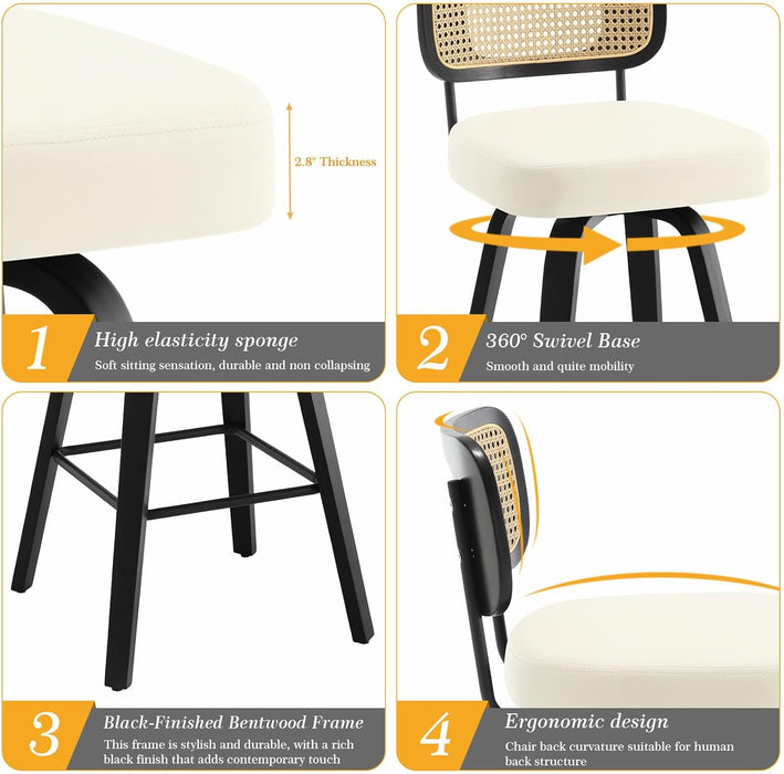 Swivel Counter Height Bar Stools Set of 4, Upholstered Faux Leather Barstools with Rattan Back, 26" Seat Height Bar Chairs Island Stools for Kitchen Counter, Black Wood Frame, Cream White