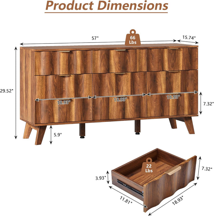 Contemporary Walnut 9 Drawer Dresser Fluted Fronts