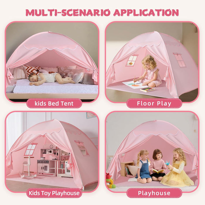 Toddler Bed Tent Canopy: Lights & Flags Indoor Floor Kids Play Tent Playhouse - Portable & Foldable Twin Bunk Bed Curtains - Twin Bed Tent for Girls Gifts (Pink)