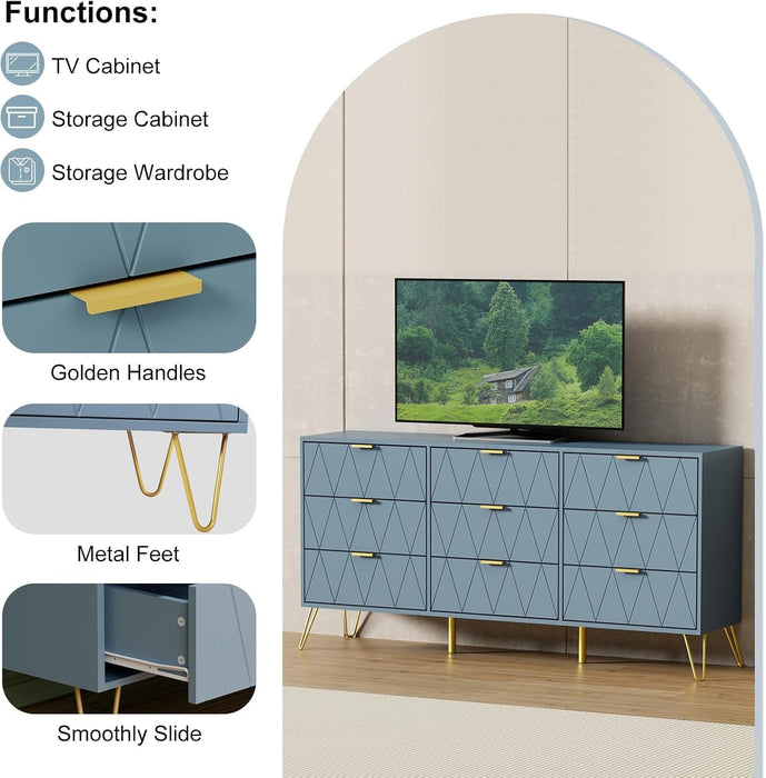 9 Drawer Dresser, Storage Dresser with Wide Drawers and Metal Handles,Wood Storage Chest of Drawers for Living Room,Bedroom,Entryway,Hallway (Blue)