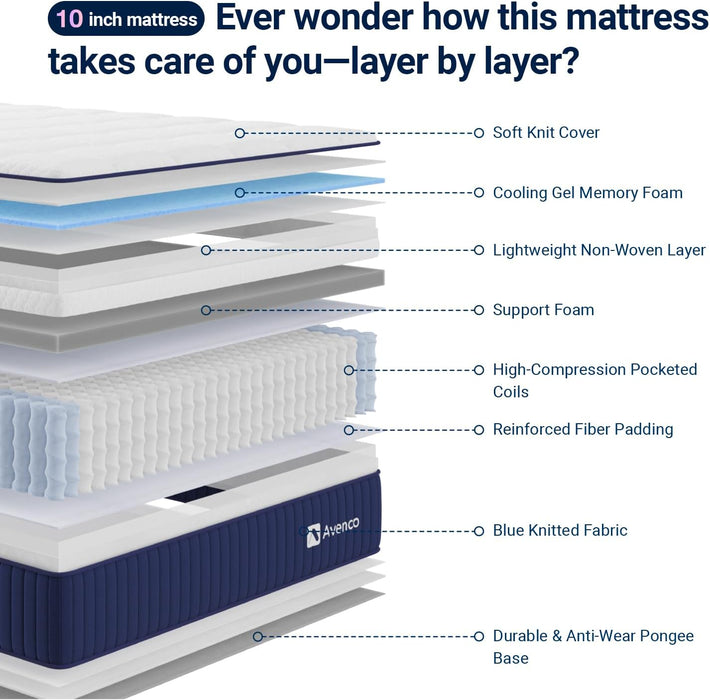 Hybrid Mattress with Gel Memory Foam, 10 Inch Twin Size Mattress