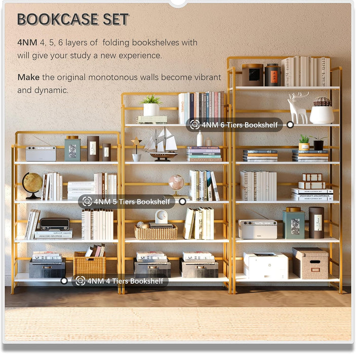 No Assembly Extra Wide 5 Tier Folding Bookshelf Tall Storage Shelves Vintage Bookcase Standing Racks for Bedroom Living Room Home Office