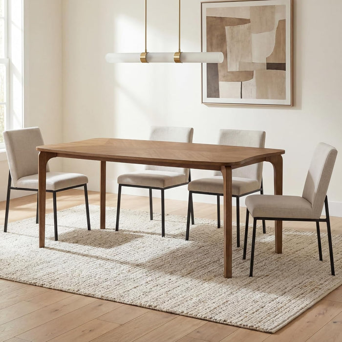 Mid-Century Modern Walnut Color Dining Table, 63" Rectangular Kitchen Table with Solid Wood Legs, Curved Edges, 6-Person Table for Dining Room Living Room Kitchen