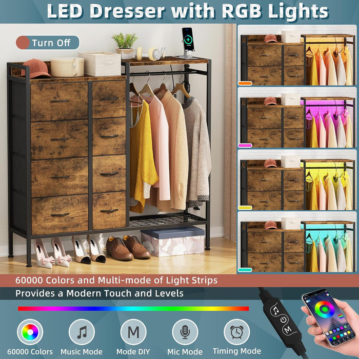 Dresser with Hanging Rack, 8-Drawer Dresser for Bedroom with Charging Station & LED Lights, Fabric Dressers with Shoe Rack, Rustic Brown, 11.8" D X 42" W X 42.7" H (8 Drawers)
