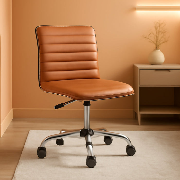 Alan Office Task Chair - Brown Vinyl - Chrome Frame - Armless - Ribbed Back and Seat - Low Back Design