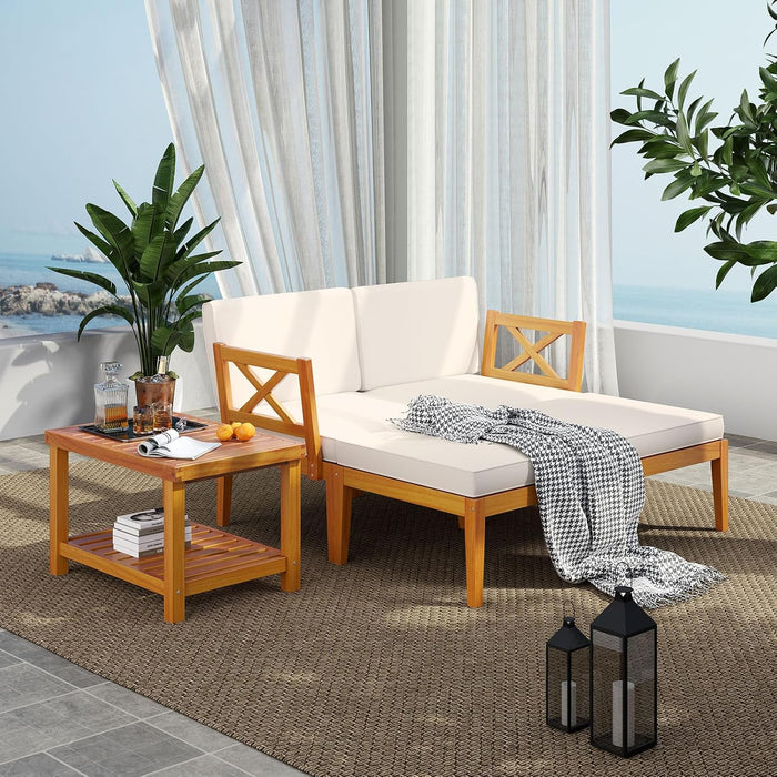 5 Pieces Patio Lounge Chair Set W/Ottomans, Acacia Wood Patio Conversation Set W/Cushions, Coffee Table, Modular Outdoor Lounge Sofa Set for Lawn, Backyard, Poolside