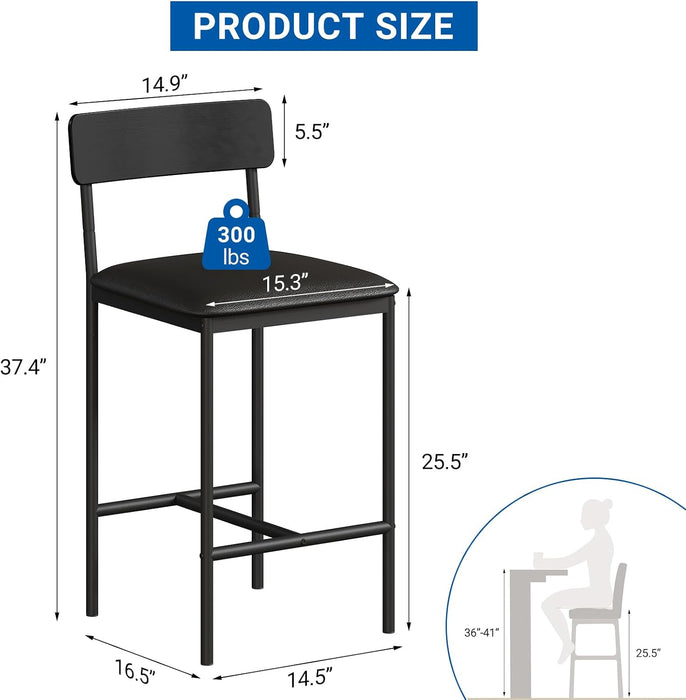 Bar Stools Set of 4, Kitchen Counter Height Chairs, 25.5 Inches Upholstered Black Barstools with Back, Bar Height Chairs for Counter Bar, Island, Easy Assembly