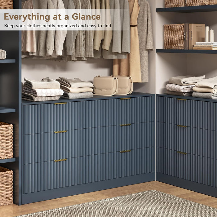 Navy Blue 6 Drawer Dresser for Bedroom, 55" Wide Fluted Chest of Drawers with Gold Metal Handles, Wood Dresser Storage Organizer Mid Century TV Stand for Living Room Closet Hallway
