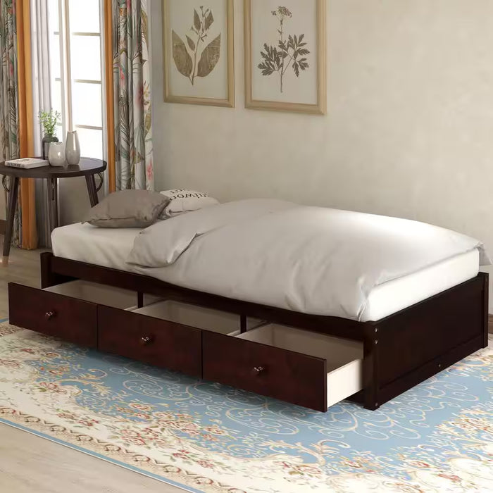 Cherry Twin Size Platform Storage Bed with 3 Drawers Storage