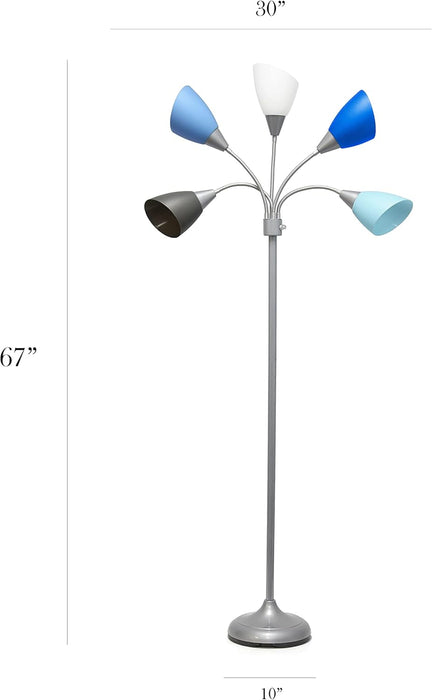 LF2006-SBG 67" Contemporary Multi Head Medusa 5 Light Adjustable Gooseneck Silver Floor Lamp with Blue, White, Gray Shades for Kids Bedroom Playroom Living Room Office