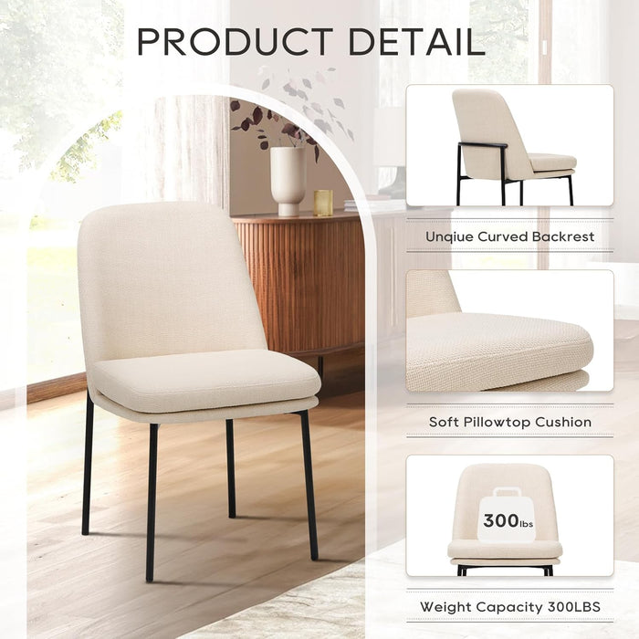 Modern Dining Chairs Set of 2, Fabric Upholstered Dining Room Chairs, Kitchen Chairs with Curved Back and Metal Legs for Dinner Kitchen Farmhouse, Beige