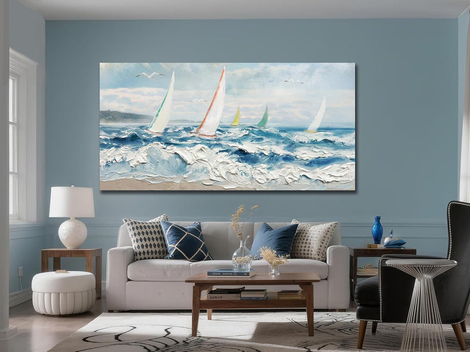 Wave 3D Textured Ocean Wall Art for Living Room Blue Seascape Sailboat Canvas Coastal Painting Artwork for Christmas Gift Bedroom Bathroom Home Office Wall Decor, Large 40"X20"