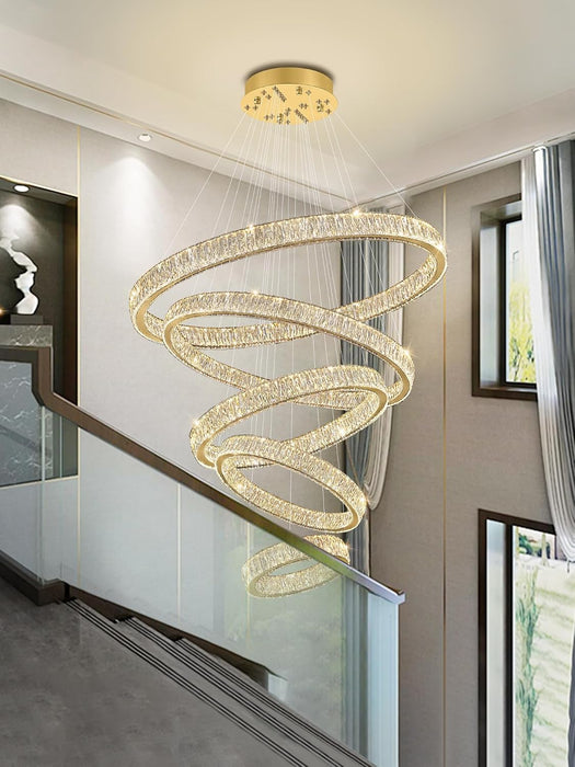 Modern Gold Ring Chandelier for High Ceiling Foyer,Large Crystal Chandelier for Staircase Villa D8''+15.7"+23.6"+31.5"+39.4"