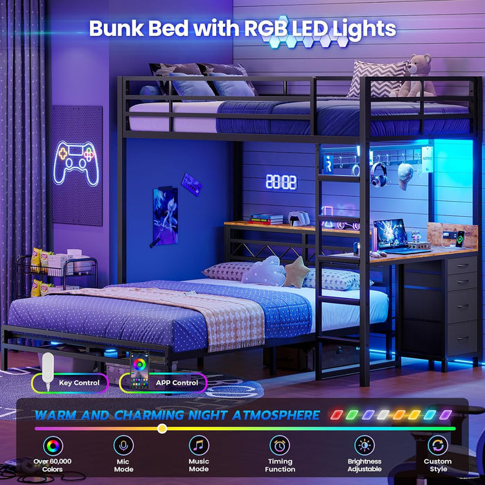 Twin over Full Bunk Bed with Desk,Led Lights and 4 Drawers,Metal Bunk Beds with Storage Headboard and Charging Station,L-Shaped Bunk Bed for Kids/Teen with Safety Guardrail and Ladder,Black