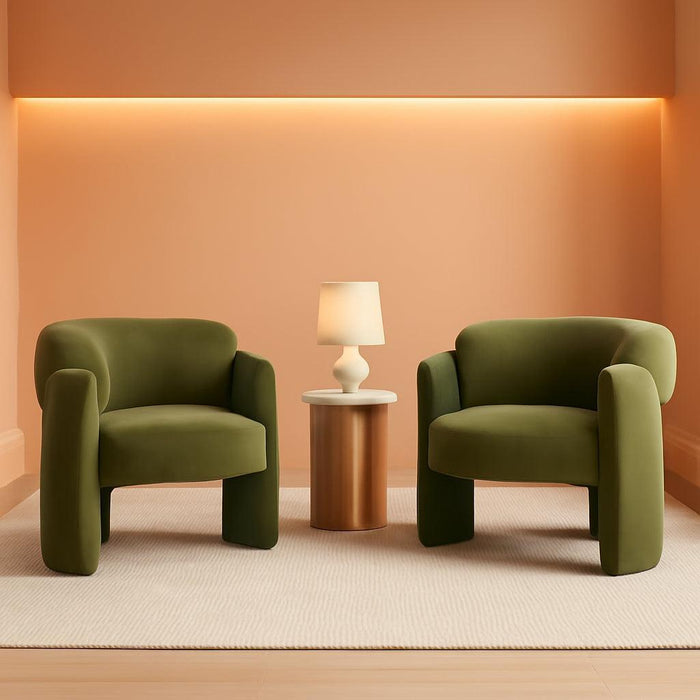 Modern Velvet Accent Chair Set of 2, Upholstered Barrel Chairs, Comfy Side Arm Chairs with 3 Legs for Living Room, Bedroom, Reading, Green