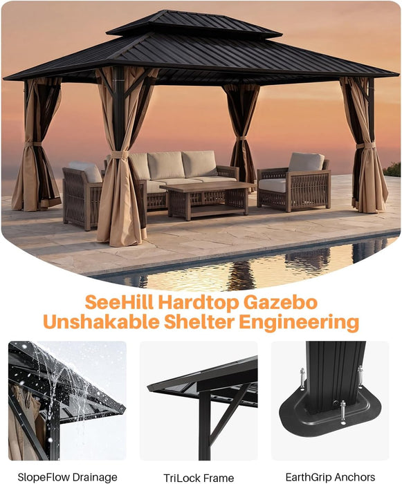 10' X 12' Hardtop Gazebo, Aluminum Frame Outdoor Patio Gazebo with Netting and Curtains, Outdoor Hardtop Gazebos, Patio Pergolas with Double Metal Roofs for Backyard, Patio, Deck, Sandstone