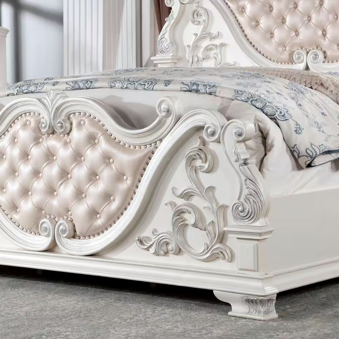 Florince 3-Piece Pearl White King Wood Bedroom Set with 2 Marble Top Nightstands