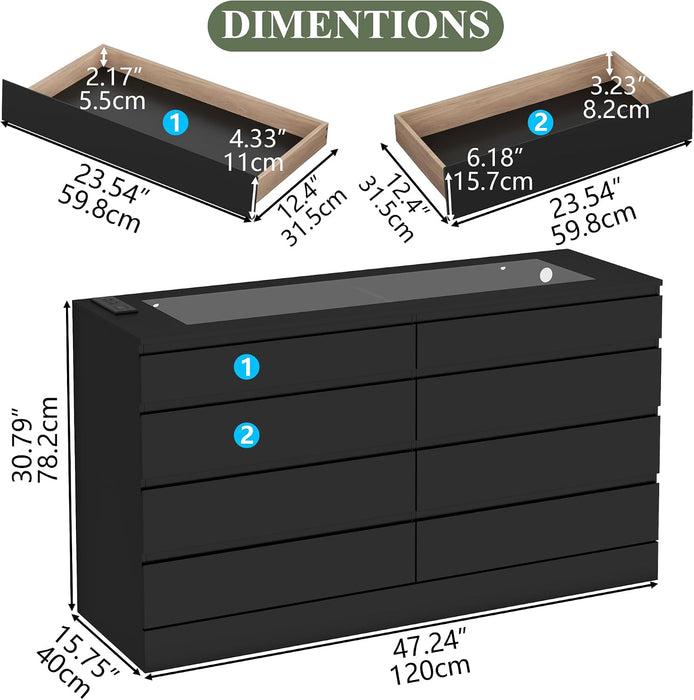 8 Drawer Dresser with Power Outlet, White Dresser for Bedroom Chest of Drawer with Glass Top & LED Light, Modern Double Wide Drawer Organizer Cabinet for Living Room (Black)