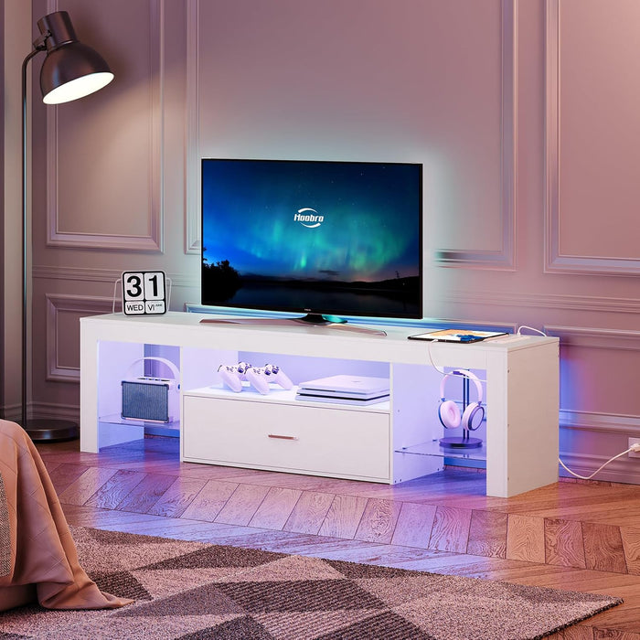 LED TV Stand with Power Outlets to 65 Inch TV, Gaming Entertainment Center with Glass Shelves and Large Drawer, Modern Media TV Console Table for Living Room Bedroom, White WT14UDDS01