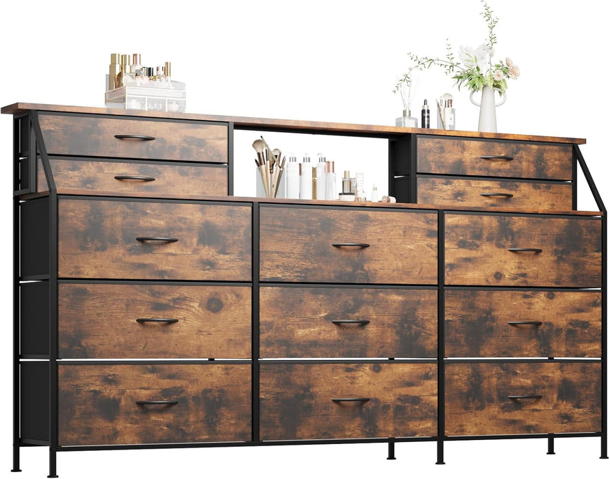 72" Long Dresser for Bedroom, 13 Fabric Drawers Dresser for Closet, Wide Chest of Drawers with 2 Open Shelves, Large TV Stand for 70,80 Inch TV, Wood Top, Rustic Brown