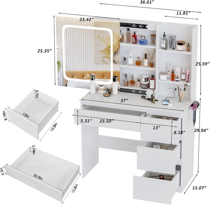 Make up Vanity Desk with Charging Station, Vanity Set with Mirror and Stool and Lights,Dressing Table with 4 Drawers & Storage Shelves,37Inch, White