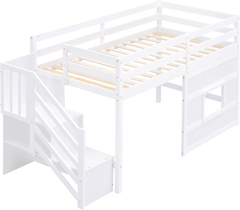 Low Loft Bed with Stairs, Twin Size Storage Loft Bed Frame with Staircase and Window, Wood Kids Loft Bed with Steps for Boys Girls Teens, White
