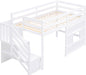 Low Loft Bed with Stairs, Twin Size Storage Loft Bed Frame with Staircase and Window, Wood Kids Loft Bed with Steps for Boys Girls Teens, White