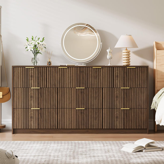 63" Wide Fluted 10-Drawer Dresser for Bedroom, Walnut