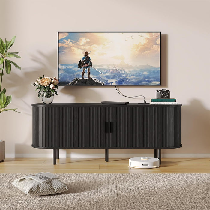 55" TV Stand with Storage for Tvs up to 60", Fluted Entertainment Center with Power Outlet, Modern Media Console with Sliding Door, Adjustable Shelves, TV Stands for Living Room, Black