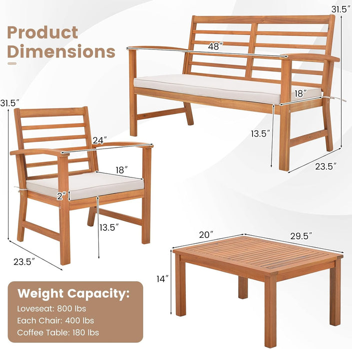 4 Pieces Outdoor Furniture Set, Acacia Wood Conversation Set W/Soft Seat Cushions, Stable Acacia Wood Frame, Patio Sofa & Coffee Table Set for Backyard, Porch, Poolside (White)