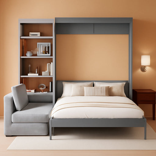 Murphy Bed Queen Size Wall Bed with Sofa,Wood Murphy Bed,Platform Bedfram Chest Can Be Folded,Hideaway Cabinet W/Shelves and Slat Support,Space-Saving Furniture for Study,Office,Gray