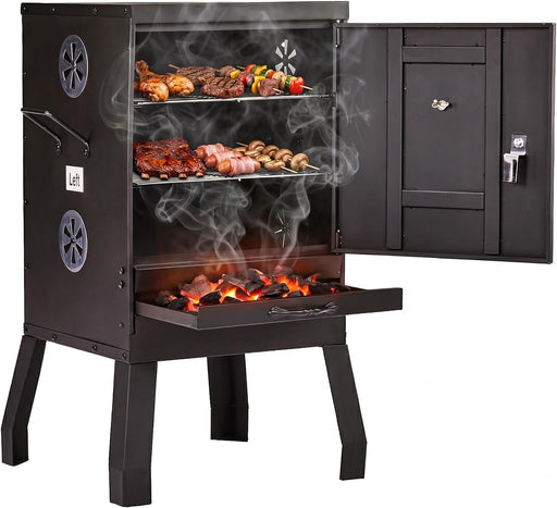 2-In-1 Outdoor Smoker with Door, Vertical Portable Charcoal Grill with Two Detachable Grill Smoking Racks and Charcoal Pan, Perfect for Camping Barbecue, Small Families, Black
