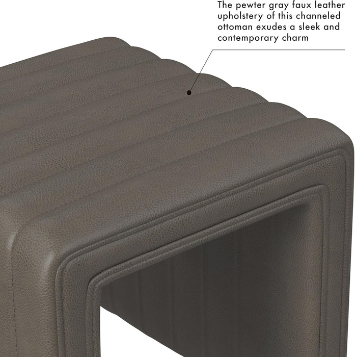 Modern Channel Tufted Faux Leather Ottoman| Home Décor|Ottoman for Living Room & Bedroom - Pewter Gray Faux Leather