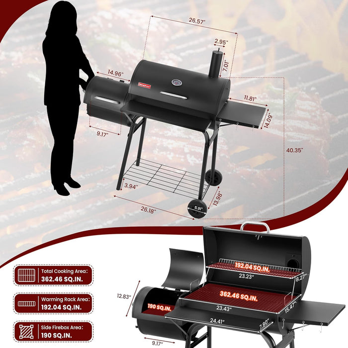 Charcoal Grill Offset Smoker, 744.5 Sq.In Outdoor BBQ Smoker Grill with Side Fire Box, 4-Position Charcoal Pan, Built-In Thermometer, Side Table & Wheels for Backyard Patio Camping