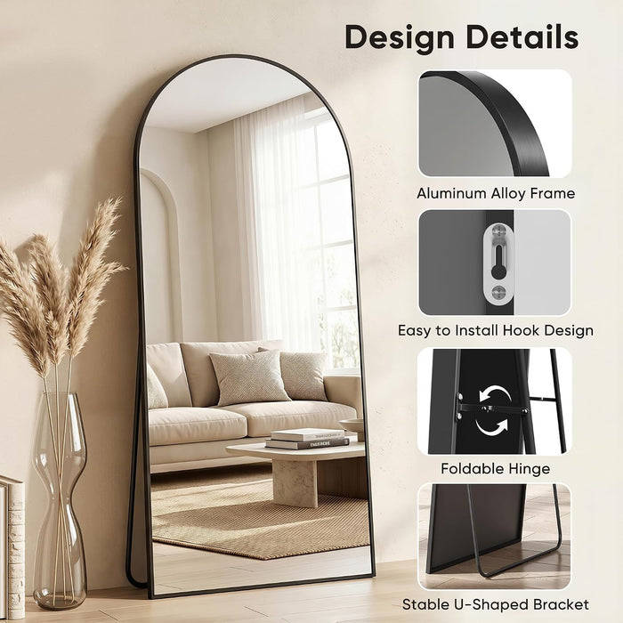 71"×32" Arched Full Length Floor Mirror, Standing Mirror with Aluminum Frame, Large Body Mirror of Free Standing/Wall Mount/Leaning for Bedroom, Living Room, Dressing Room, Black