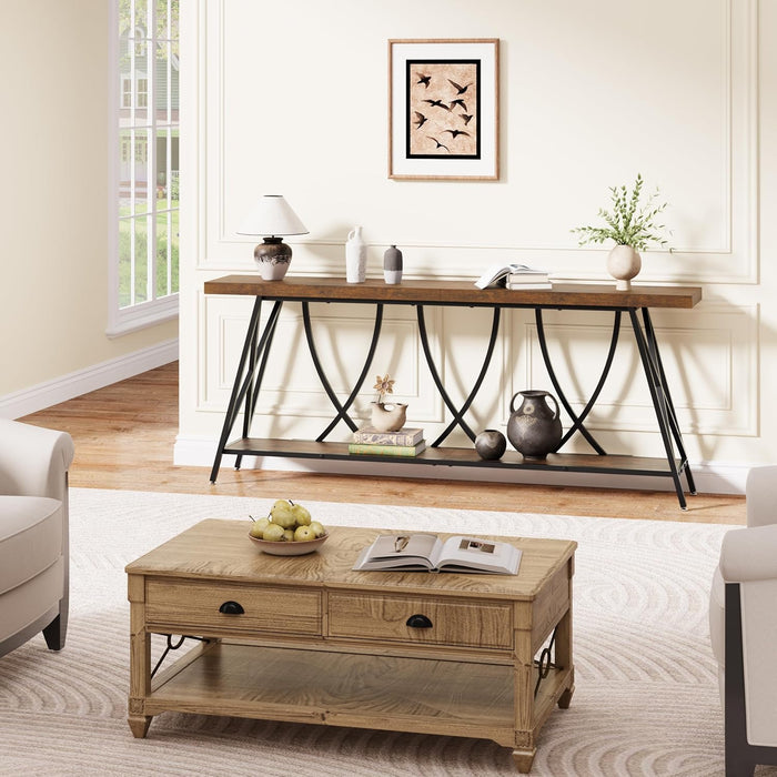 70.9" Narrow Console Table for Entryway, Industrial Long Sofa Table behind Couch, Farmhouse Hallway Table with Storage for Living Room, Entrance, Foyer, Rustic Brown