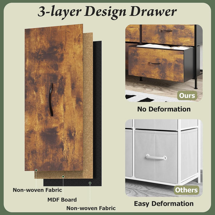 72" Long Dresser for Bedroom, 13 Fabric Drawers Dresser for Closet, Wide Chest of Drawers with 2 Open Shelves, Large TV Stand for 70,80 Inch TV, Wood Top, Rustic Brown