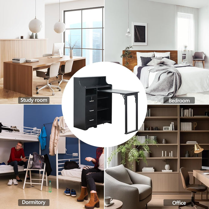 Fold Out Desk,Folding Desk with Storage,Lockable Drawers & Shelves, Built-In Power Outlet,Hidden Desk for Study and Home Office