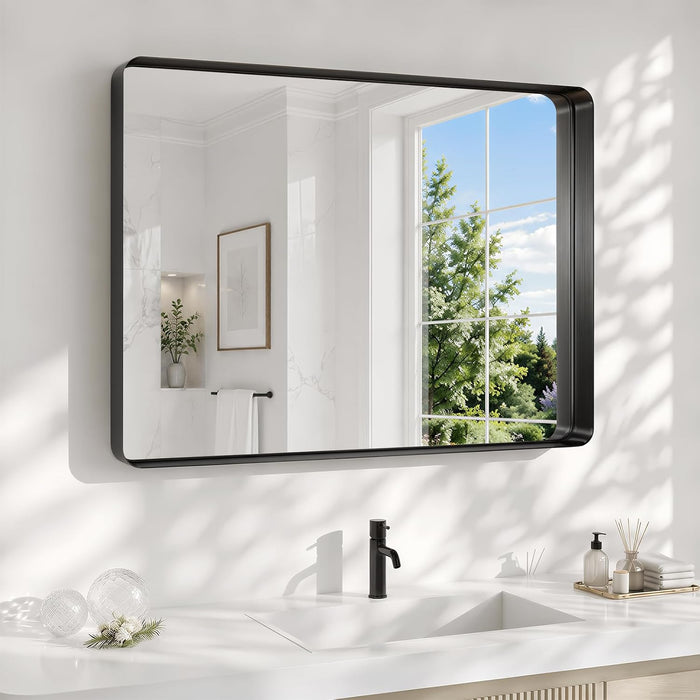 30X40 Inch Black Bathroom Mirror Metal Framed, HD Tempered Glass